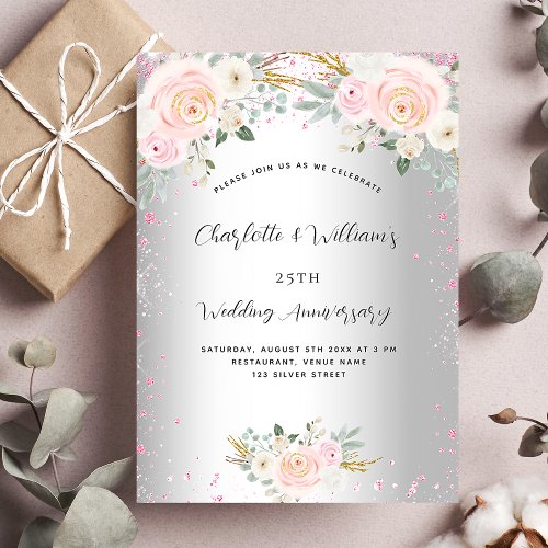Silver pink floral 25th wedding anniversary invitation postcard