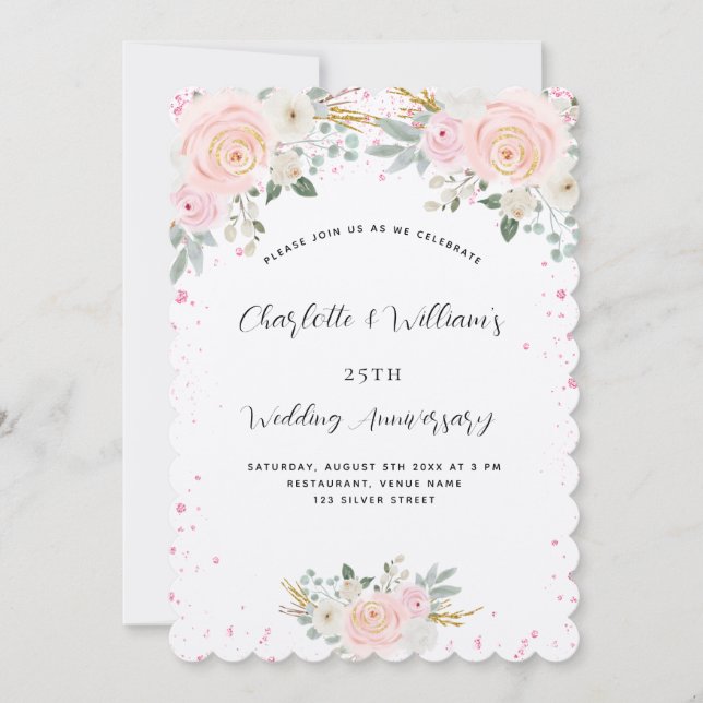 Silver pink floral 25th wedding anniversary luxury invitation (Front)