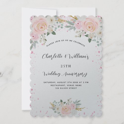 Silver pink floral 25th wedding anniversary luxury invitation