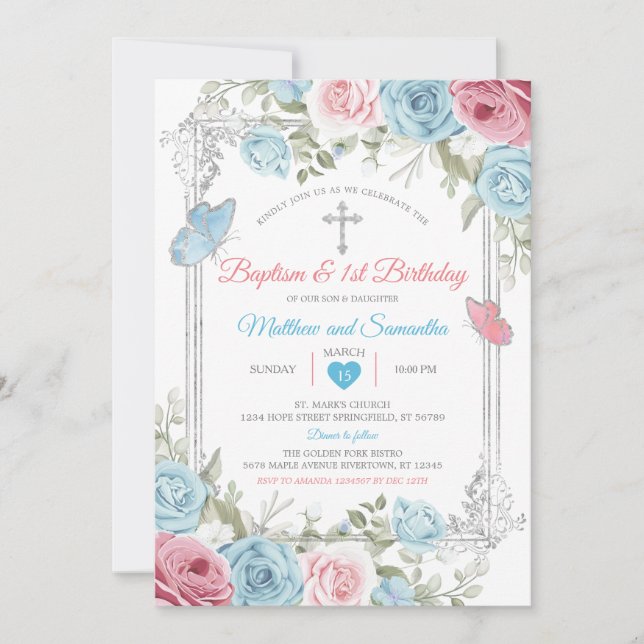 Silver Pink Floral Baby Blue Baptism 1st Birthday Invitation (Front)