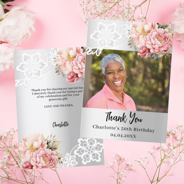 Silver pink floral birthday photo thank you card (Creator Uploaded)