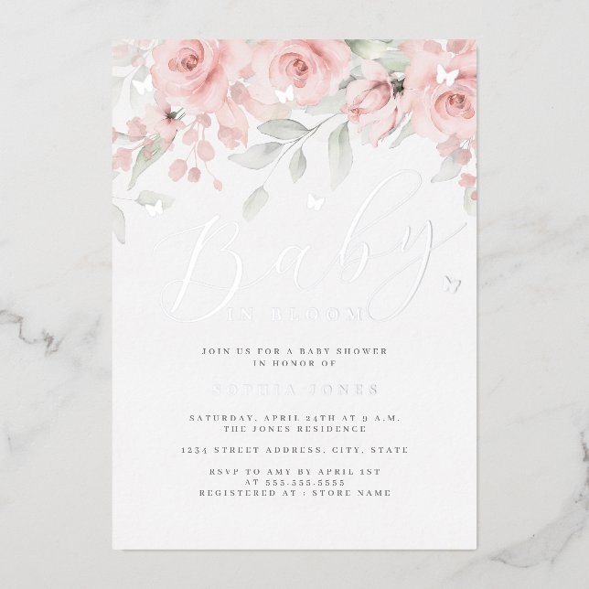 Silver Pink Floral Butterfly Baby In Bloom  Foil Invitation (Front)