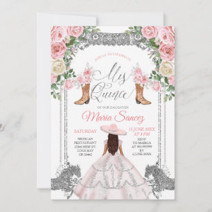 Silver & Pink Floral Charra Quinceanera Birthday Invitation