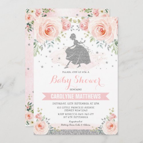 Silver Pink Floral Cinderella Princess Baby Shower Invitation