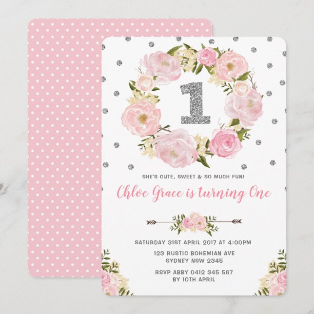 Silver Pink Floral First 1st Birthday Party Invite (Front/Back)