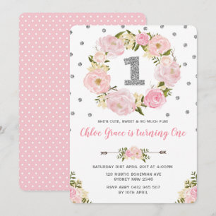 Silver Pink Floral First 1st Birthday Party Invite