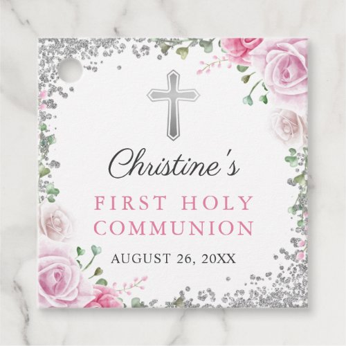 Silver Pink Floral First Holy Communion Thank You Favor Tags