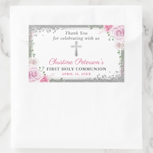 Silver Pink Floral First Holy Communion Thank You Rectangular Sticker