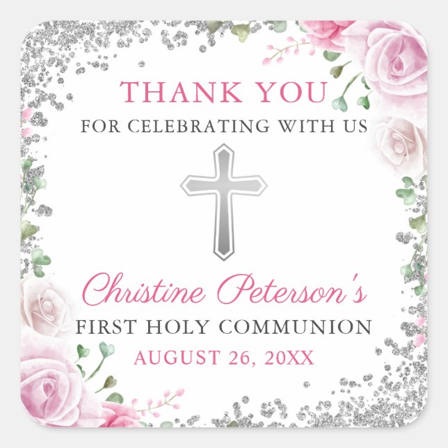 Silver Pink Floral First Holy Communion Thank You Square Sticker (Front)