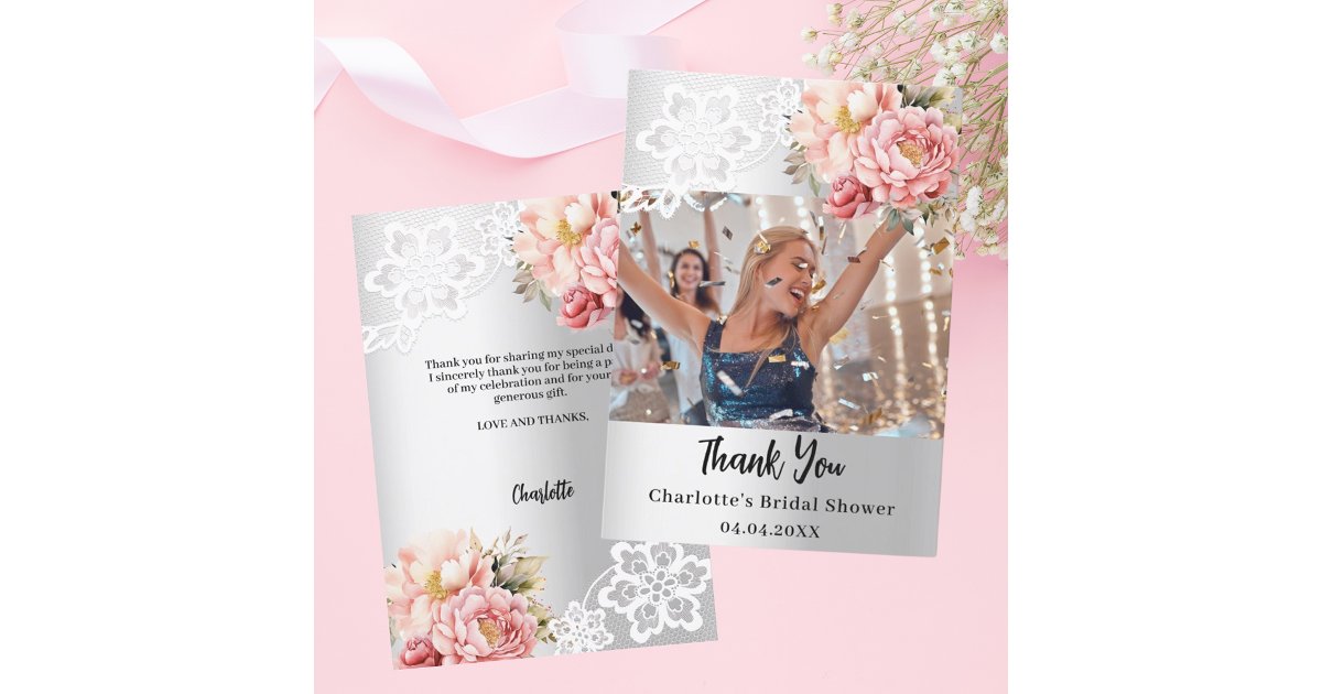 Silver pink floral lace Bridal Shower photo Thank You Card | Zazzle