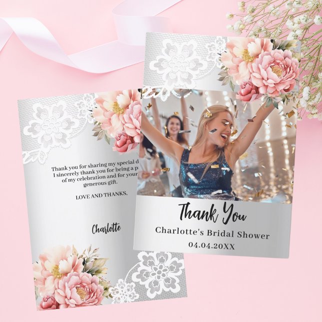 Silver pink floral lace Bridal Shower photo Thank You Card (Creator Uploaded)