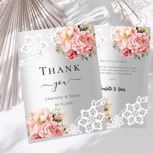 Silver pink floral lace wedding thank you card