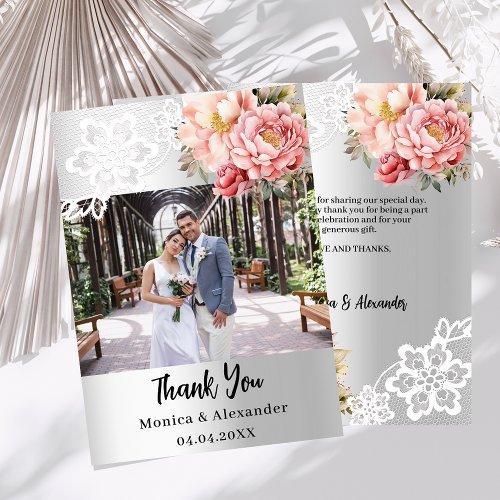 Silver pink floral lace wedding thank you card