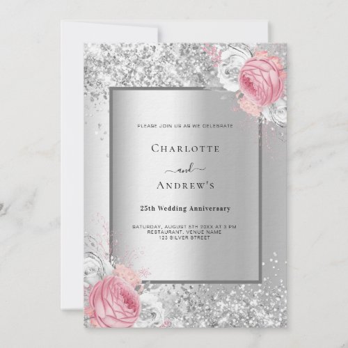 Silver pink floral luxury 25th wedding anniversary invitation