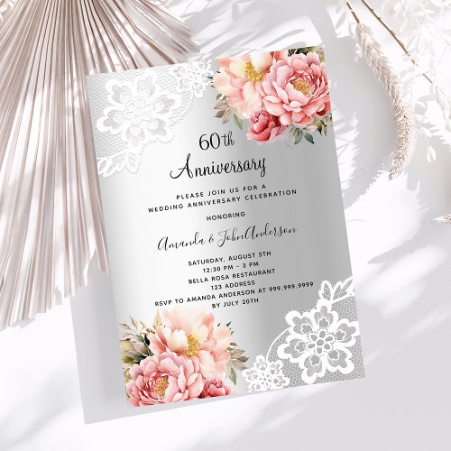 Silver pink floral luxury 60th wedding anniversary invitation