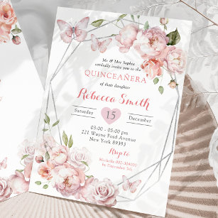 Silver Pink Floral Mexican Girl Sweet 16 Birthday Invitation