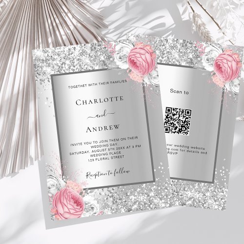 Silver pink floral QR code RSVP luxury wedding Invitation