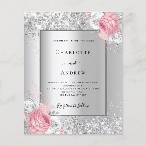Silver pink floral QR code RSVP wedding invitation