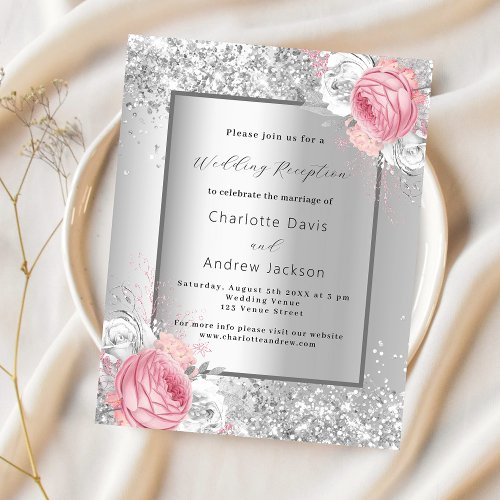 Silver pink floral wedding reception invitation