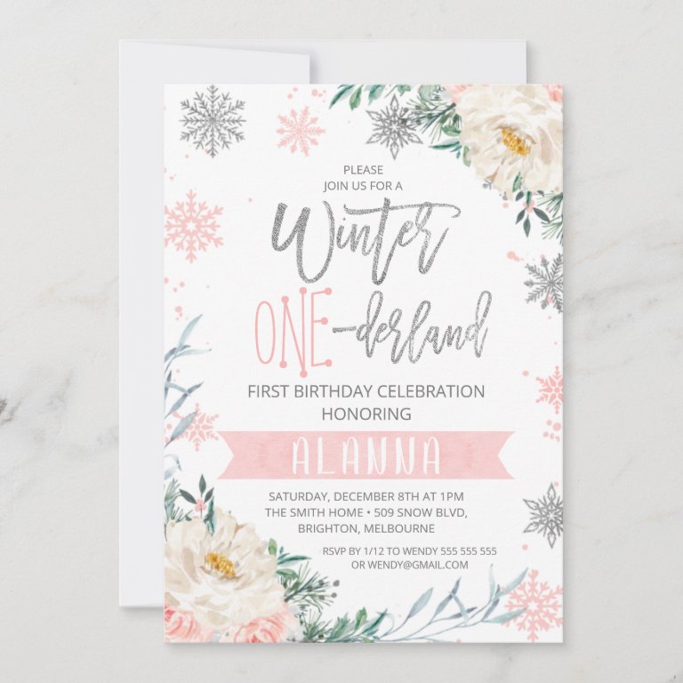 Silver Pink Floral Winter Onederland 1st Birthday Invitation