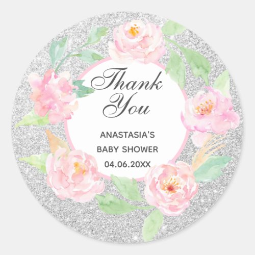 Silver  Pink Floral Wreath Thank You Baby Shower Classic Round Sticker