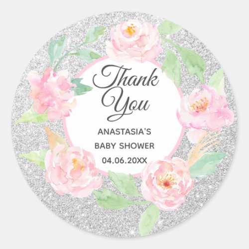 Silver  Pink Floral Wreath Thank You Baby Shower Classic Round Sticker