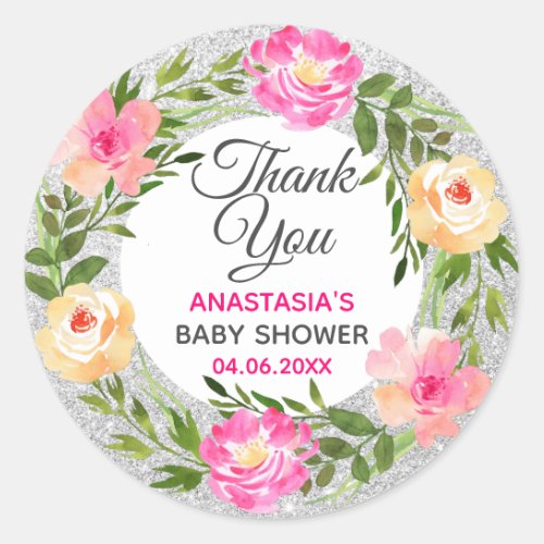 Silver  Pink Floral Wreath Thank You Baby Shower Classic Round Sticker