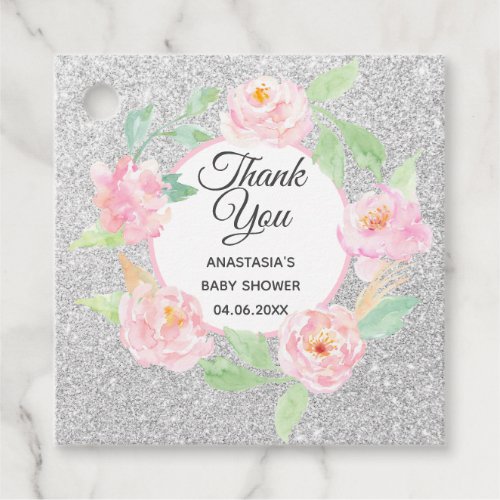 Silver  Pink Floral Wreath Thank You Baby Shower Favor Tags