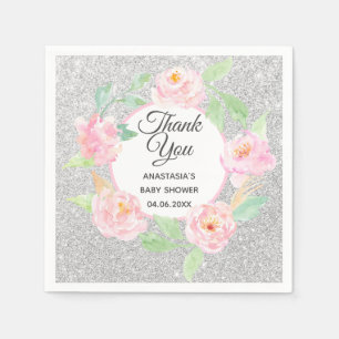 Silver & Pink Floral Wreath Thank You Baby Shower Napkins