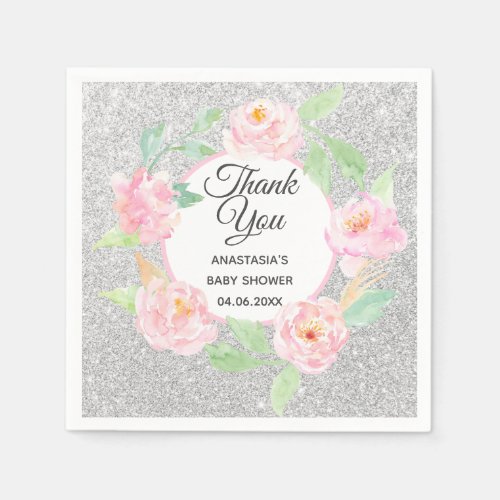 Silver  Pink Floral Wreath Thank You Baby Shower Napkins