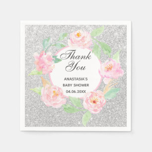 Silver & Pink Floral Wreath Thank You Baby Shower Napkins