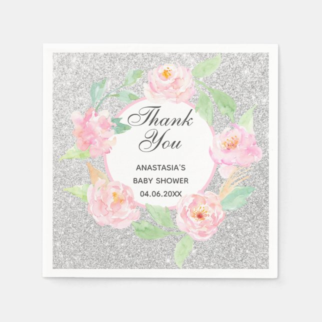 Silver & Pink Floral Wreath Thank You Baby Shower Napkins (Front)