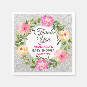 Silver & Pink Floral Wreath Thank You Baby Shower Napkins