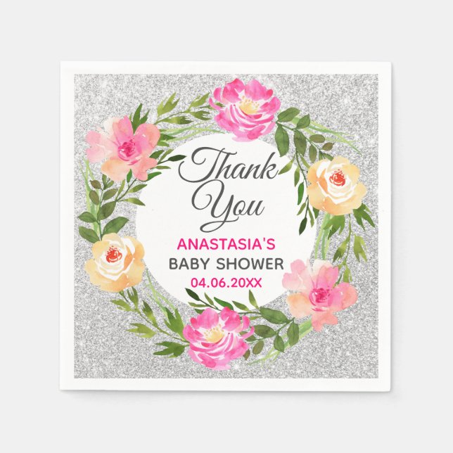 Silver & Pink Floral Wreath Thank You Baby Shower Napkins (Front)
