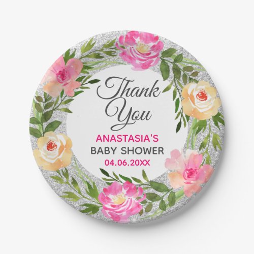 Silver  Pink Floral Wreath Thank You Baby Shower Paper Plates
