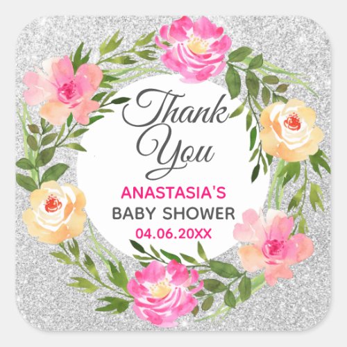 Silver  Pink Floral Wreath Thank You Baby Shower Square Sticker