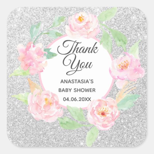 Silver  Pink Floral Wreath Thank You Baby Shower Square Sticker