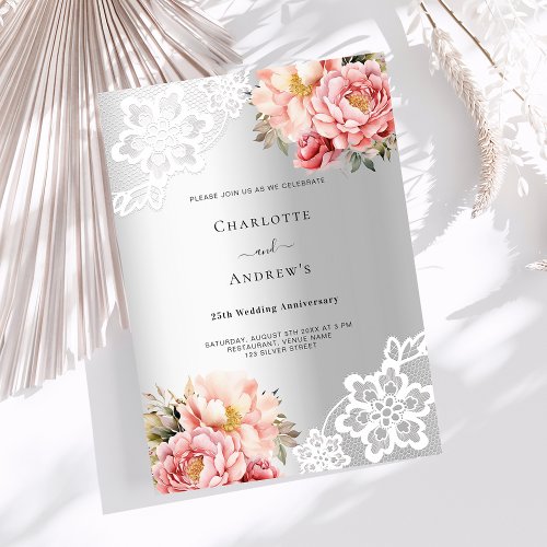 Silver pink florals 25th wedding anniversary invitation