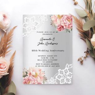Silver pink florals 60th wedding anniversary invitation