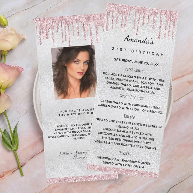 Silver pink florals birthday fun facts menu card (Creator Uploaded)
