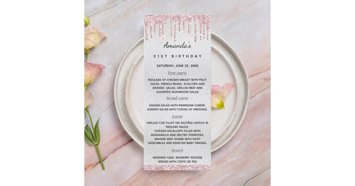 silver pink florals birthday menu card | Zazzle