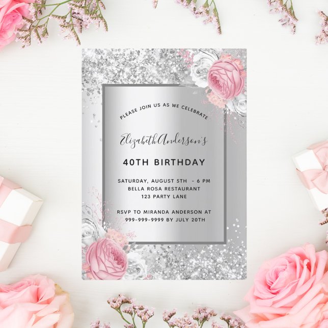 Silver pink florals elegant glamorous birthday invitation (Creator Uploaded)