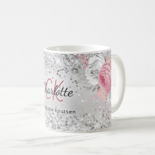 Silver pink florals elegant monogram name coffee mug