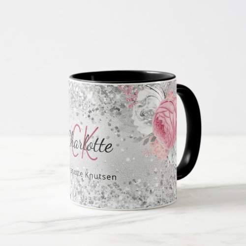 Silver pink florals elegant monogram name mug