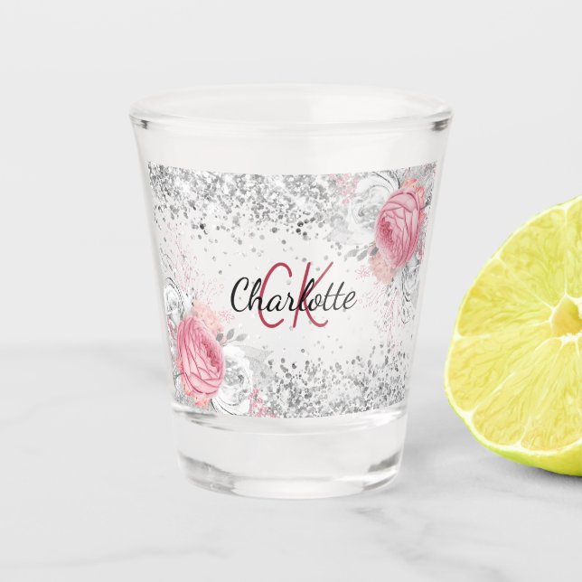 Silver pink florals elegant monogram name shot glass (Front)