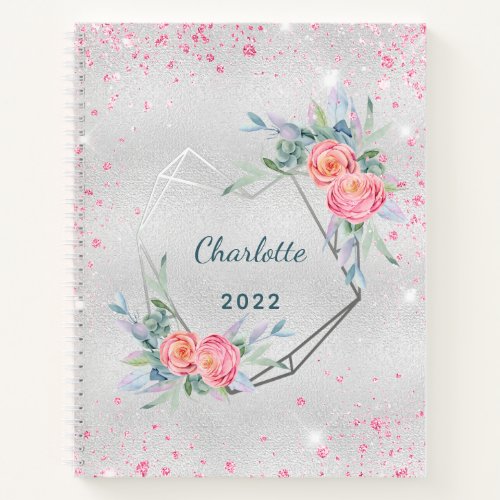 Silver pink florals glitter dust name diary notebook