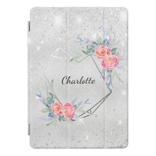 Silver pink florals glitter dust name iPad pro cover
