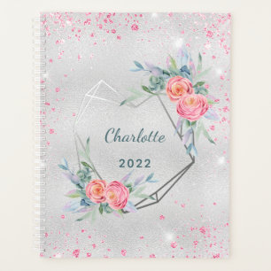 Silver pink florals glitter monogram planner