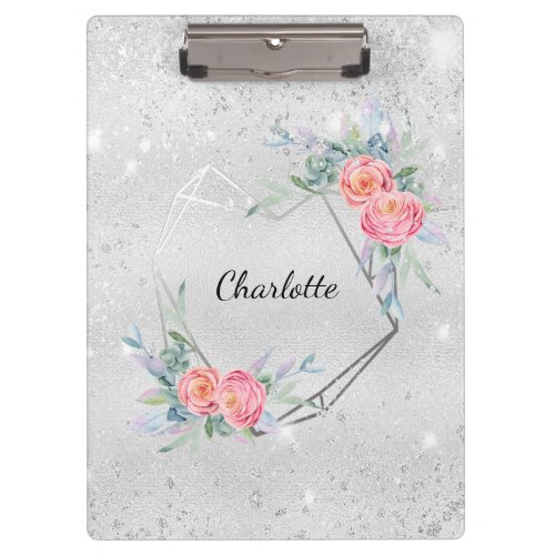 Silver pink florals glitter name clipboard