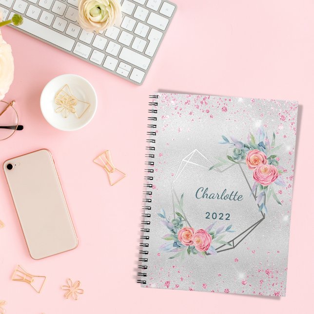 Silver pink florals glitter name diary notebook (Creator Uploaded)